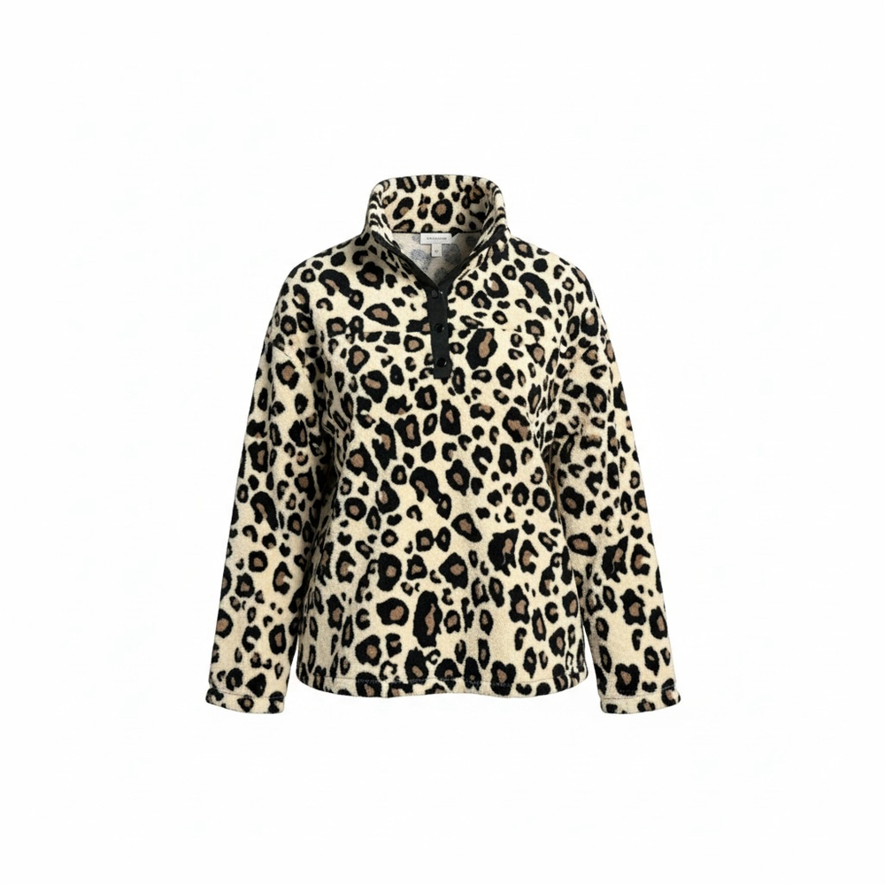 BKE Women’s Leopard Print Fleece Pullover Snap Neck Sweatshirt Medium
